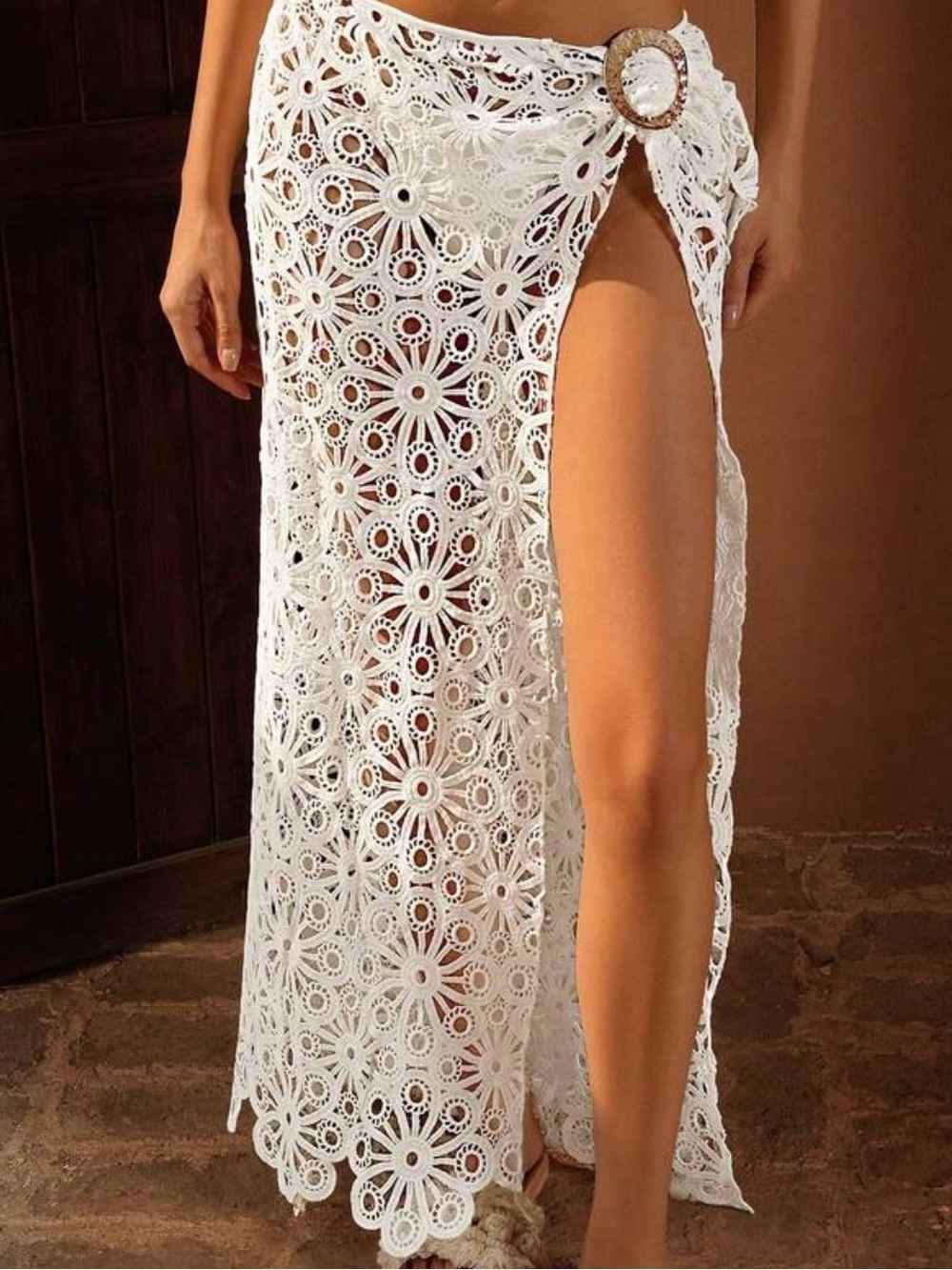 White Crochet Floral Sarong with Decorative Buckle